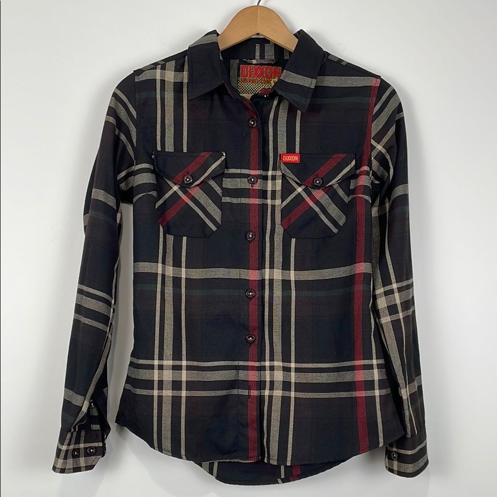 Dixxon Women’s Small Shirt Black Red Plaid Button Front Long Sleeve Haymarket